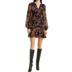 Ted Baker Mini Dress Size 1 US Size 4‎ Black Piara Floral Ruffle Asymmetric